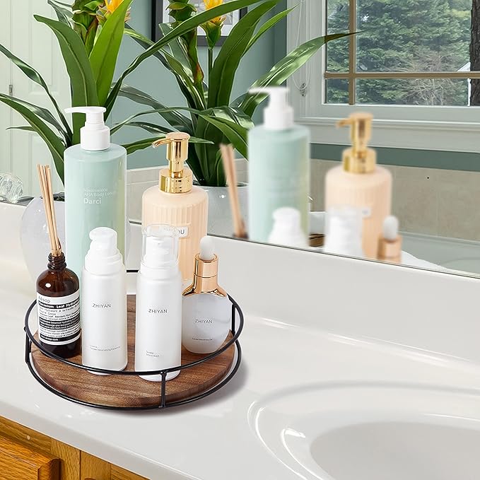 9" Acacia Wood Lazy Susan Turntable, Tomoaza Kitchen Organizer Turntable with Steel Sides, 360 Degree Lazy Susan for Countertop Cabinet or Dining Table