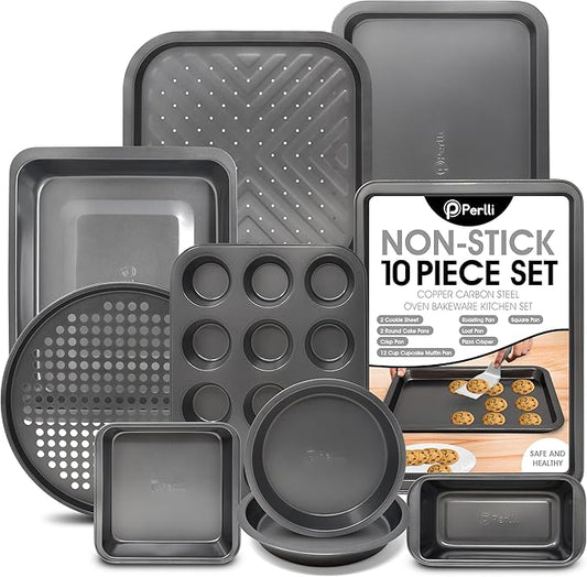 Perlli Baking Pan 10 Piece Set Nonstick Carbon Steel Gray Oven Bakeware Kitchen Set, 2 Cookie Sheets, 2 Round Cake Pans, Square Pan, Roasting Pan, Loaf Pan, Crisp Pan, Pizza Crisper, & Muffin Pan
