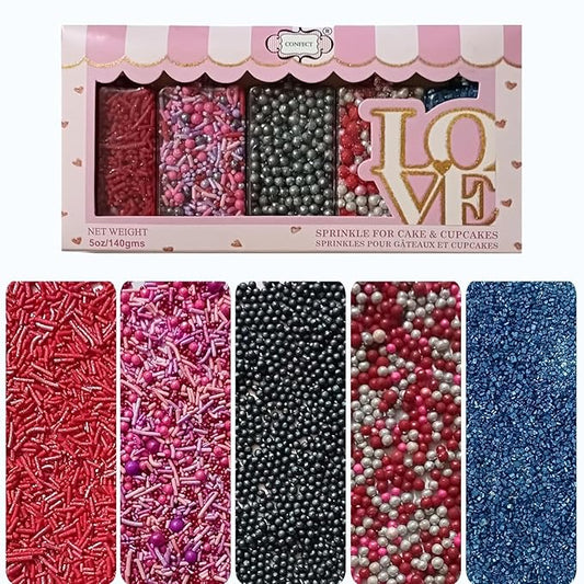 Confect Edible Sprinkles for Cake Decorating - Red Jimmies, Blush Pink Red Gun Metal Silver Pearl Mix with Navy Sparkling Sugar | Vegan, Gluten-Free, Dessert Topping - 5 Oz