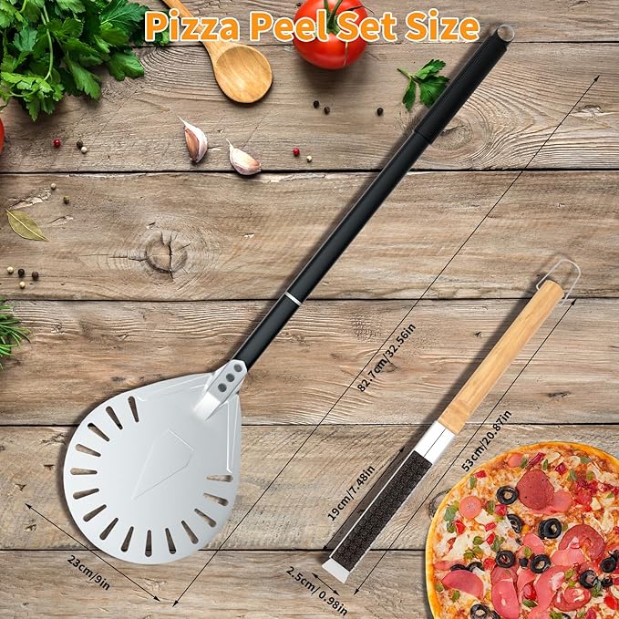 Yofuly 9 Inch Pizza Turning Peel with Oven Brush & Stone Scraper, Perforated Turner Tools Kit for Homemade Baking Pizza, 2PCS Outdoor Pizza Oven Accessories