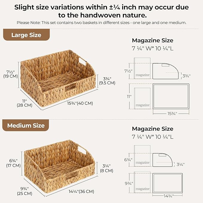 StorageWorks Pantry Baskets for Organizing, Water Hyacinth Baskets for shelves with Built-in Handles, Pantry Organizers and Storage, Set of 2 (Large and Medium)
