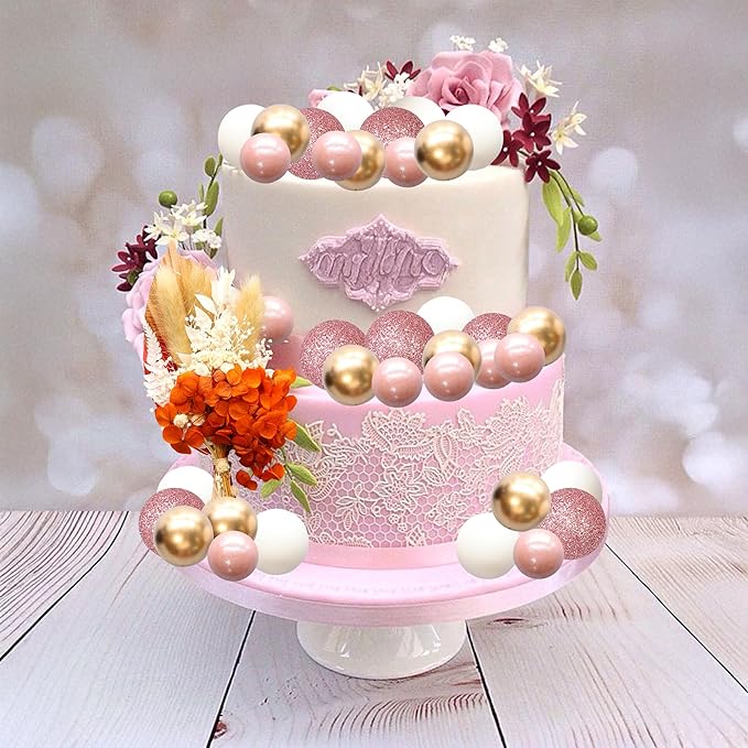 Gyufise 21 Pack Flower Boho Cake Topper Ball Cake Decorations Palm Leaves Plants Cake Decor for Girl Bohemian Princess Theme Wedding Baby Shower Birthday Party Supplies Rose Gold