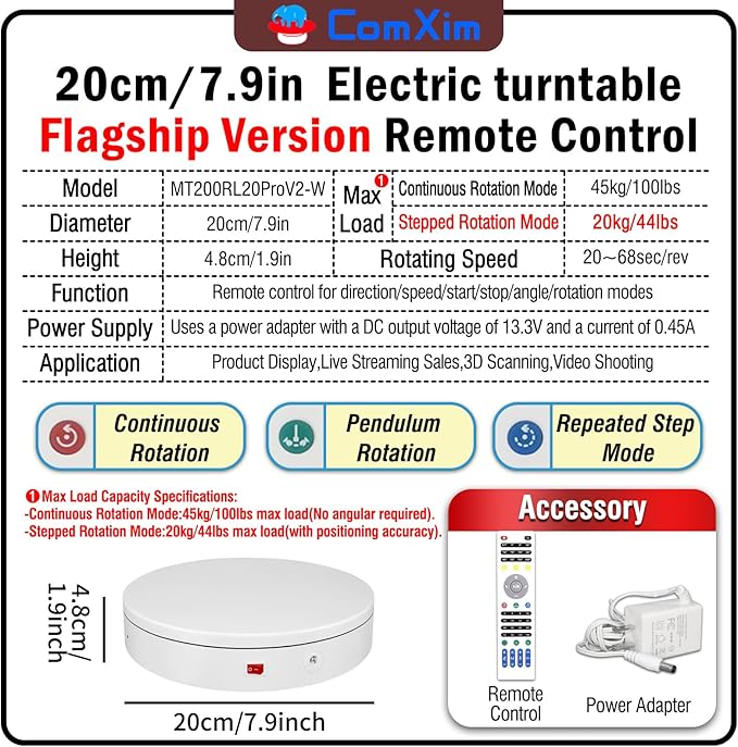 7.9In Remote Motorized Electric Turntable Rotating Display Stand Spinning Rotating Platform 360 Photography Turntable lazy susan base giratoria para for Photography,Display(Load Range:40~100lbs)