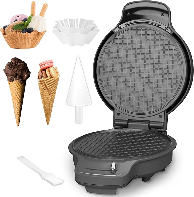 Baker's Friend Waffle Cone Maker Machine with Browning Control, Nonstick Waffle Bowl Maker, 7.5” Ice Cream Cone Maker, Thin Waffle Maker Crispy, Cone Roller & Bowl Press Included, Graphite