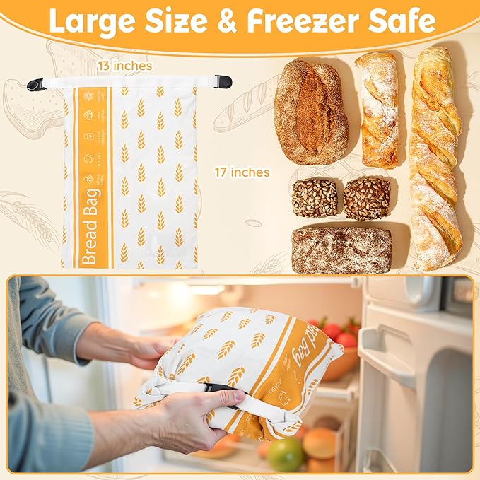 Reusable Beeswax Bread Bag for Homemade Bread & Sourdough Loaf, Fridge-Safe Storage Container with Dual-Zip Freshness Lock & Lables Cards Note Dates on, Natural Cotton & Beeswax Lining Keep Fresh