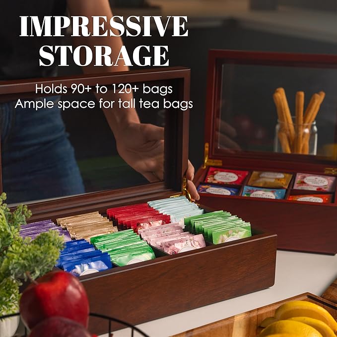 Tea Box - Luxury Wooden Tea Bag Organizer from The Apace Premier Collection - 8 Compartment Tea Storage Chest Container - Elegantly Handmade w/Scratch Resistant Window
