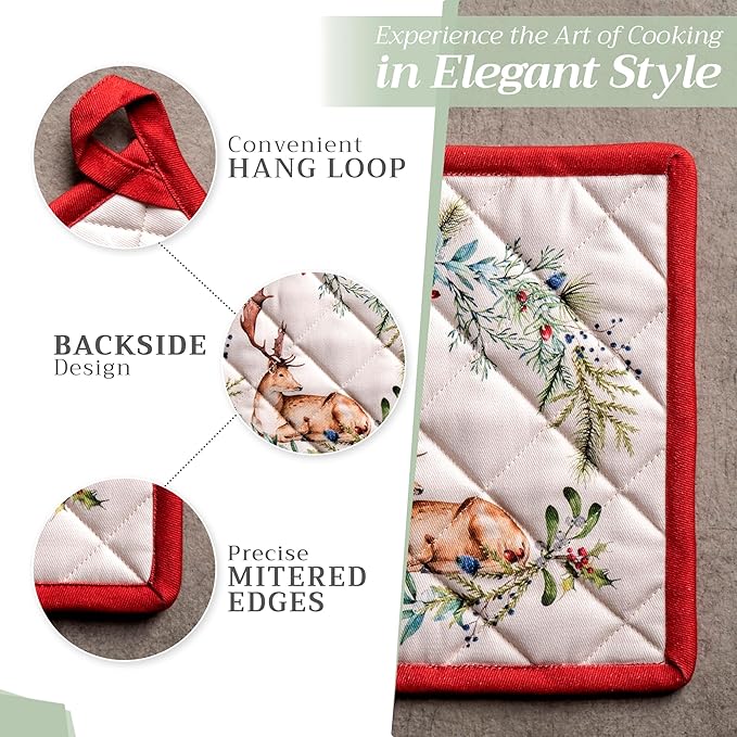Maison d' Hermine Pot Holders Set 100% Cotton Heat Resistant Potholders 8" x 8" Hot Pads with Loop BBQ, Cooking, Baking, Grilling, Kitchen, Handling Hot Pans (Pack of 2, Holly Time)