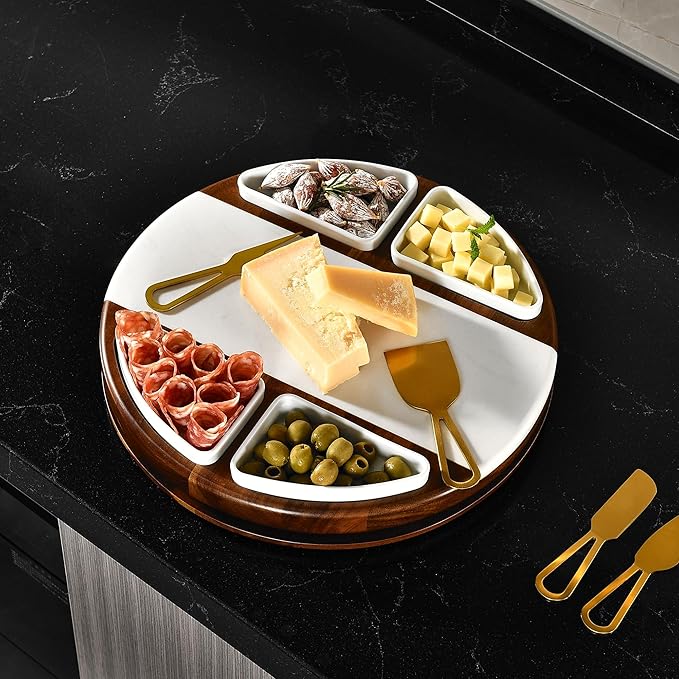 Shanik Upgraded Lazy Susan Cheese Cutting Board Set - Round Acacia Charcuterie Board With 4 Ceramic Bowls - Wedding Gifts - Cheese Serving Platter - Bridal Shower