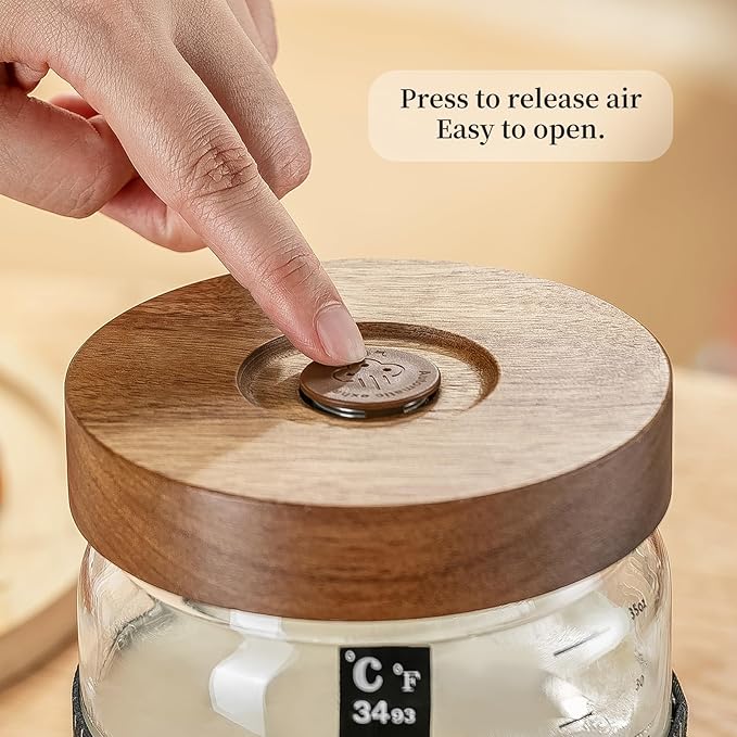 Wissy&Konny Sourdough Starter Jar，Wood Sealed Lid with Automatic Exhaust,35OZ with Ounce Scale Line,Date Marked Feeding Band, Thermometer, Sourdough Jar Scraper,Wide Mouth for Sourdough Bread Baking