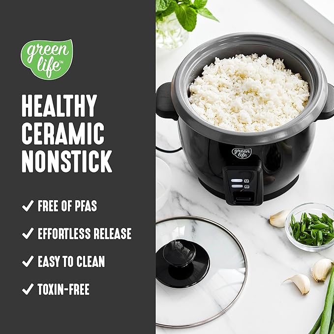 GreenLife Electric Rice Cooker, 3-Cups Uncooked/6-Cups Cooked, Removable PFAS-Free Nonstick Pot, One-Switch Design, Auto Keep Warm, Small Space Saving, Rice Paddle, Soup, Grains, Oatmeal, 1.5 QT, Black