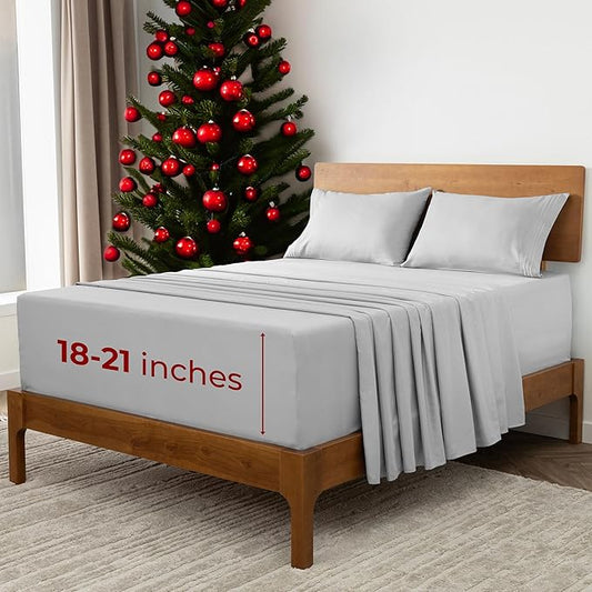 Mellanni Extra Deep Queen Sheets - 4 PC Iconic Collection Bedding - Hotel Luxury, Ultra Soft, Cooling Bed Sheets - Wrinkle, Fade, Stain Resistant (Queen, Light Gray)