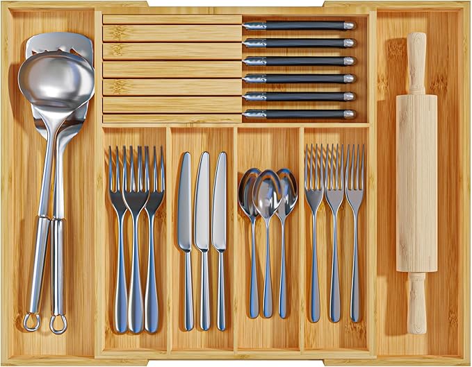 Silverware Organizer with Removable Knife Block - Bamboo Utensil Organizer for Kitchen Drawers Expandable Cutlery Organizer W12.8-20.2" x L16 x H2 (Yellow)