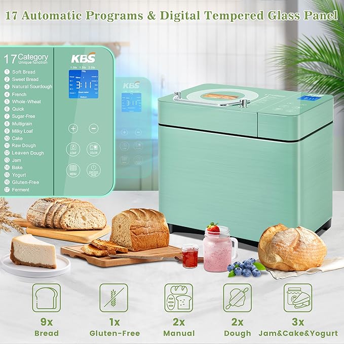 KBS 710W Convection Bread Maker Dual Heaters,2.2LB Bread Machine with Healthy Ceramic Pan&Auto Fruit Dispenser,17-in-1 Bread Maker Machine Gluten Free,Stainless Steel 15H Timer&Keep Warm, Touch Panel