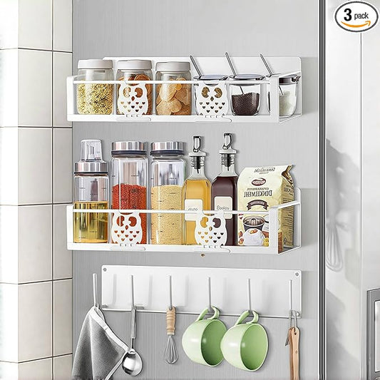 Magnetic Spice Rack,Magnetic Shelf for Fridge,Spice Organizer,Fridge Organizer,Kitchen Storage Organization with Magnetic Hooks,Owl Home Decor(White)