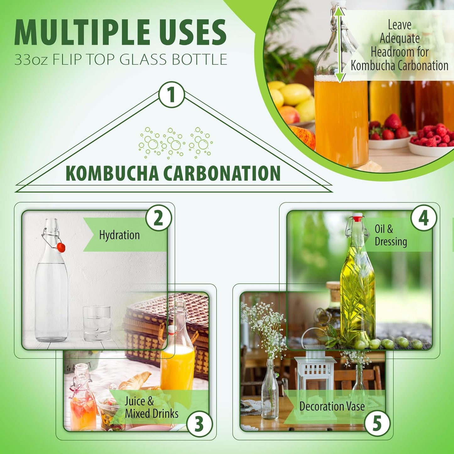 Flip Top Glass Bottle [1 Liter / 33 fl. oz.] [Pack of 6] – Swing Brewing with Stopper for Beverages, Oil, Vinegar, Kombucha, Beer, Water, Soda, Kefir Airtight Lid & Leak Proof Cap Clear