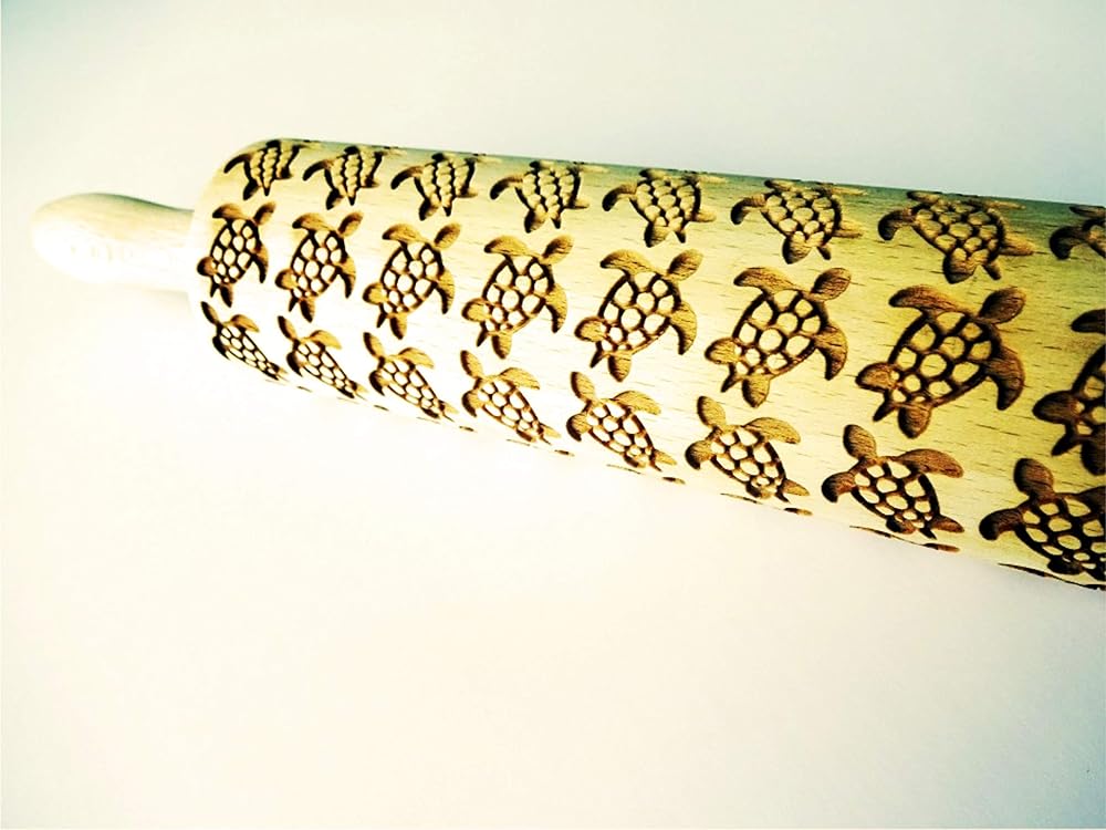 TURTLES EMBOSSING ROLLING PIN LASER ENGRAVED WOODEN DOUGH ROLLER with TURTLES COOKIES DECORATING ROLLER