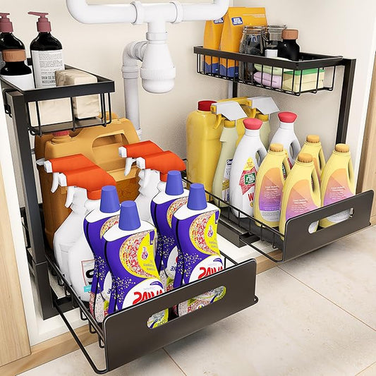 VUSIGN Under Sink Organizer, 2 Tier Pull Out Bathroom Cabinet Organizer, Under Kitchen Sink Organizers and Storage, Under Sink Shelf,2 Pack, Black