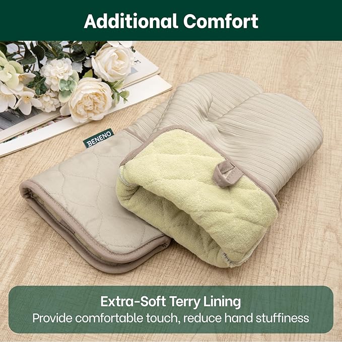 Beneno Kitchen Oven Mitts 2-Pack Heat Resistant to 500°F with Non-Slip Silicone Grip, Extra Long 14.3" Forearm Protection, Soft Quilted Cotton Terry Lining, Ideal for Cooking, Baking, Grilling, Beige