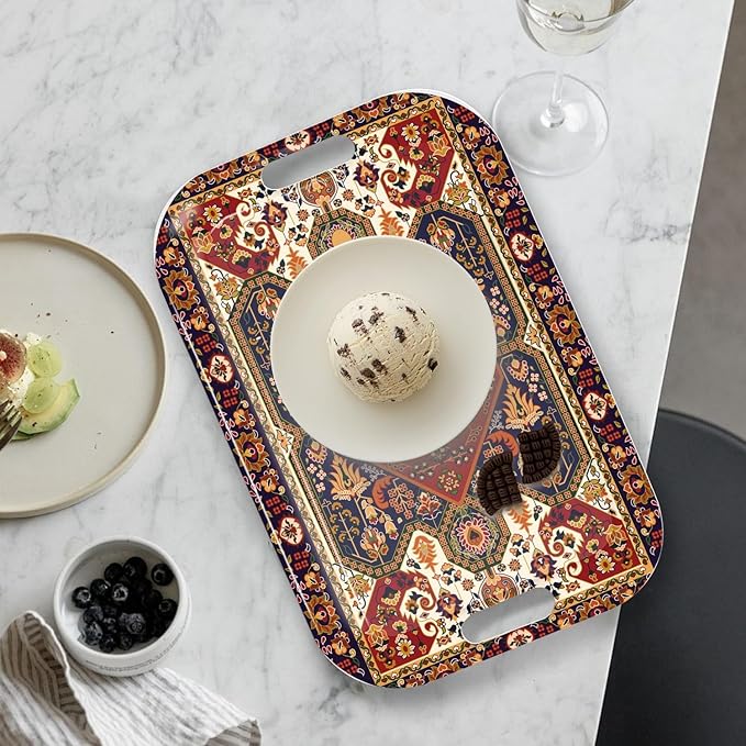 Serving Trays with Handles, 14.5 x 9.8 inch Rectangular Plastic Tray for Restaurant, Kitchen, Dark Red Pattern