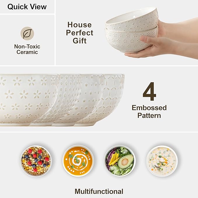 MALACASA Cereal Bowls, 30 Ounce Ceramic Soup Bowl for Kitchen, Stoneware Bowls Set of 4 with Embossment for Pho, Chip, Fruits, Salad, Noodle, Ramen - 6 Inch, Arctic White Series LYDIA