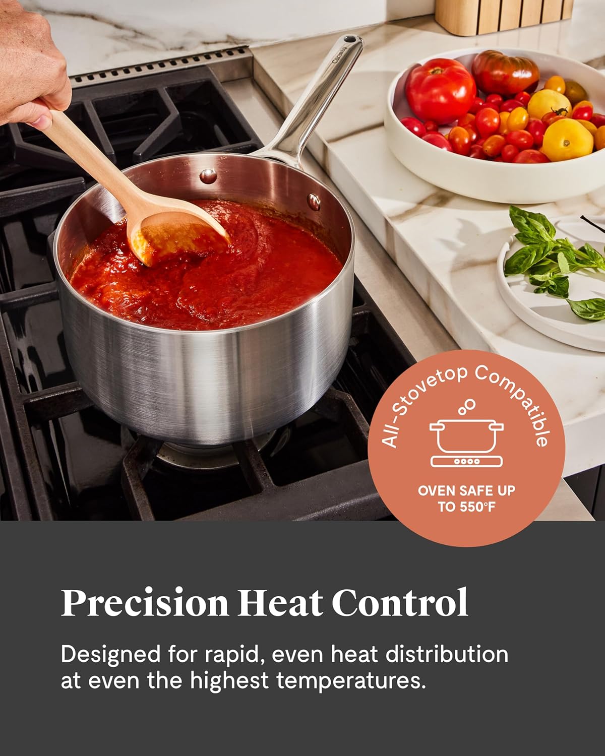 Caraway Stainless Steel Sauce Pan (3 Qt) - 5-Ply Stainless Steel - Oven Safe & Stovetop Agnostic - Non Toxic, PTFE & PFOA Free