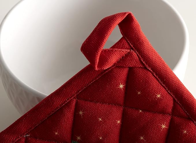 Maison d' Hermine Pot Holders Set 100% Cotton Heat Resistant Potholders 8" x 8" Hot Pads with Loop BBQ, Cooking, Baking, Grilling, Kitchen, Handling Hot Pans (Pack of 2, Noel)