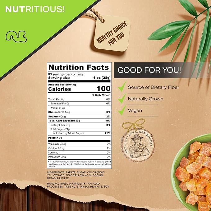 NUT CRAVINGS - Sun Dried Papaya Chunks, Lightly Sweetened (80oz, 5 LB) Bulk Dry Fruits Packed Fresh in Resealable Bag - Sweet Healthy Snack, Naturally Grown, Vegan, Kosher