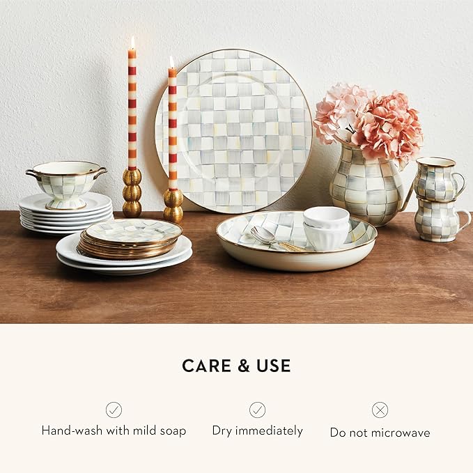 MACKENZIE-CHILDS Enamel Serving Platter, Decorative Serving Platter for Food, 16 Inches, Gray-and-White Sterling Check