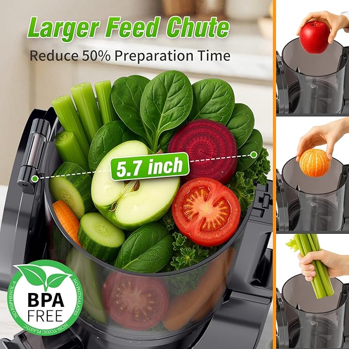 Cold Press Juicer, 5.7" Extra Large Feed Chute, Juice Extractor Machine with Dual Auger, Slow Masticating Juicer for Whole Vegetables and Fruits, High Juice Yield, Easy to Clean, BPA Free