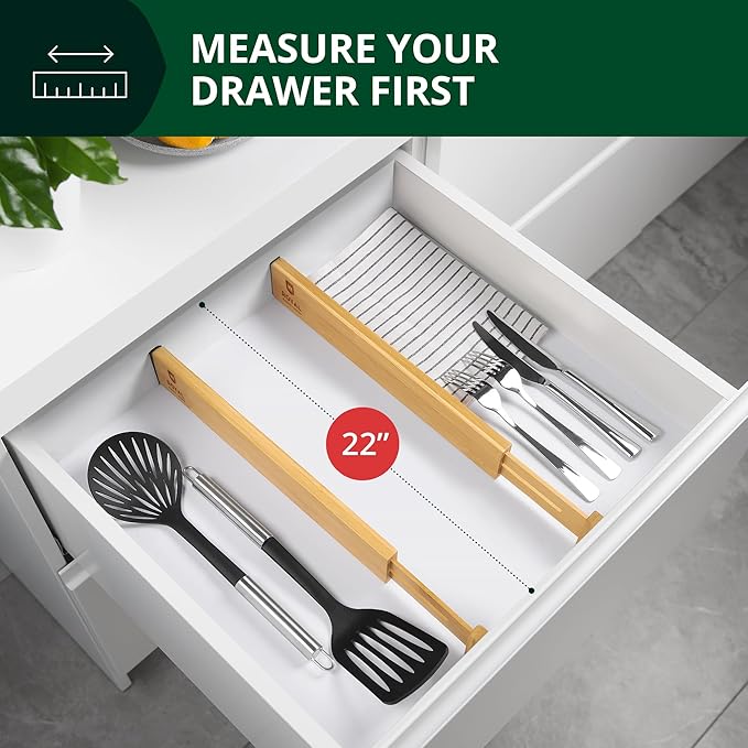 Drawer Divider and Organizer for Kitchen Organization - Adjustable Bamboo Drawer Dividers Organizers (17 - 22") - 4-Pack Expandable Drawer Organization Separators for Kitchen, Bedroom & More, Natural