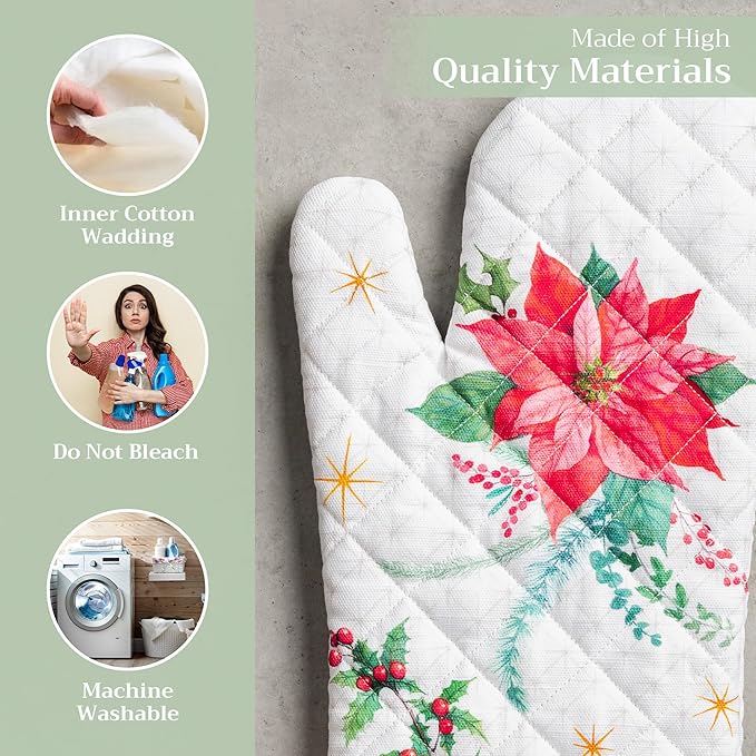 Maison d' Hermine Oven Gloves 100% Cotton Oven Mitt 7" x 13" with Loop Heat Resistant, BBQ, Cooking Gloves, Baking, Grilling, Kitchen, Handling Hot Pans (Pack of 1, Poinsettia Christmas)