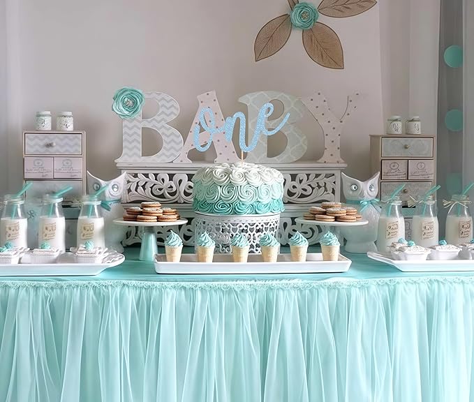 First Birthday Cake Topper - Light Blue Glitter One Cake Decorating Supplies for Girls and Boys, Perfect for Baby Shower/Gender Revealing Party Photo Booth Props