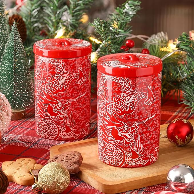 Porlien Chinese Dragon Porcelain 15-ounce Canisters Set of 2, Food Storage Containers with Lid for Coffee Beans, Tea, Condiments & Nuts