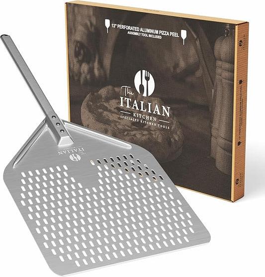 Perforated Pizza Peel 13"W x 16.7"L - Professional Restaurant Grade Large Metal Pizza Peel - 27.3" Long Handle Aluminum Turning Peel - Commercial Pizza Paddle