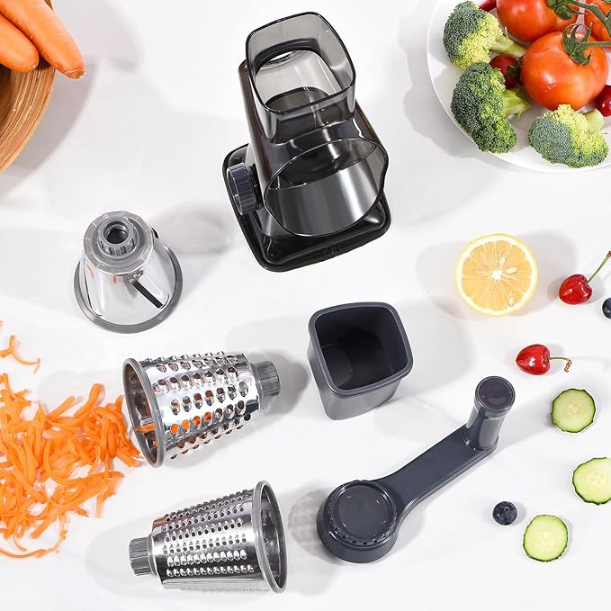 Rotary Cheese Grater Hand Crank Cheese Shredder Vegetable Mandoline Slicer for Kitchen 3 in 1 Changeable Blades for Cheese Potato Nuts Chocolate Ice （Grey TSP)
