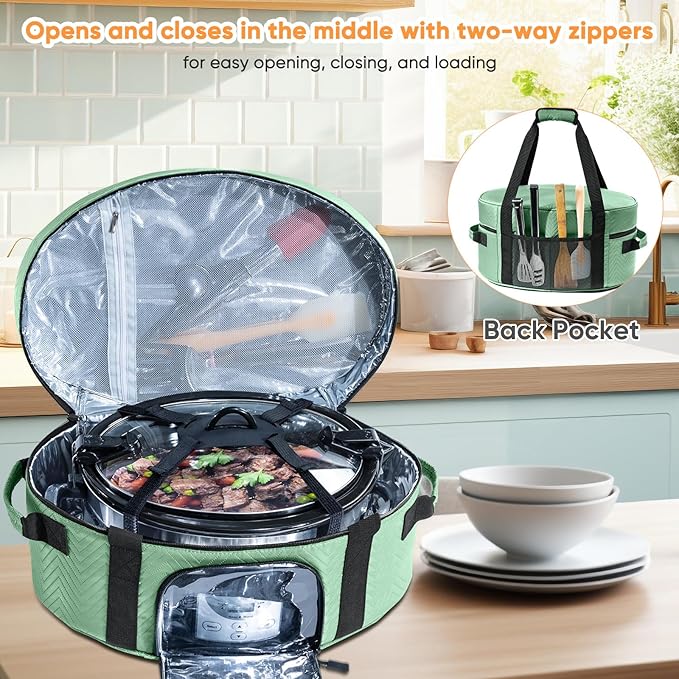 Insulated Slow Cooker Carrying Bag for 6-8 Quart CrockPot and Hamilton Beach Slow Cooker with See-thought Window, Portable Carrier Case with Adjustable Band and Accessory Pocket