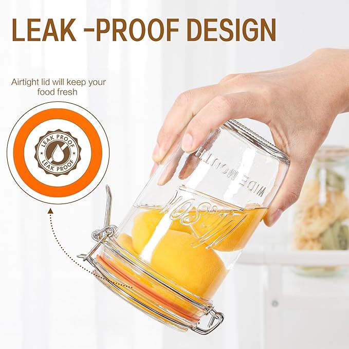 24oz Wide Mouth Mason Jars – 6 Pack Glass Jars with Airtight Lids for Canning, Pickling, Meal Prep, Jam, Jelly, Overnight Oats & DIY Projects