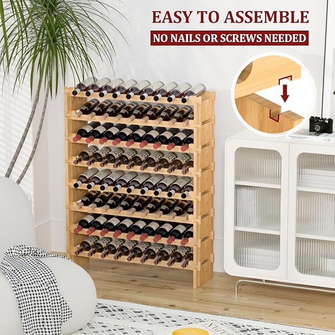 Domax Wine Rack Freestanding Floor - Bamboo Wooden Stackable 8 Tiers 72 Wine Bottle Holder Storage Racks for Kitchen, Bar, Pantry and Cellar (Yellow)