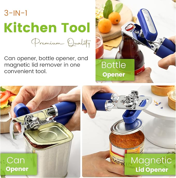 Spring Chef Stainless Steel Can Opener - Manual with Soft Grip Handles, Easy Turn, Heavy Duty Hand Can Openers for Seniors with Smooth Edge - Magnetic Lid Remover - Sapphire