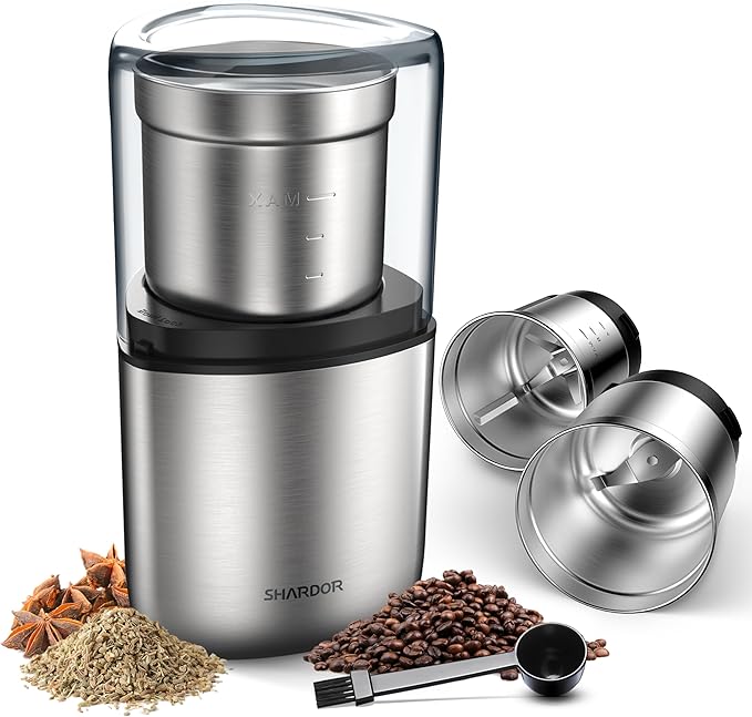 SHARDOR Coffee Grinder Electric Herb/Wet Grinder for Spices and Seeds with 2 Removable Stainless Steel Bowls, Silver