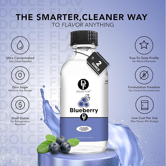 Dolce Flav Blueberry Extract – 8 Ounce Oil-Soluble Kosher, Sugar-Free, Concentrated Ripe Blueberry Flavoring for Baking, Chocolates & Desserts, Includes Measured Dropper