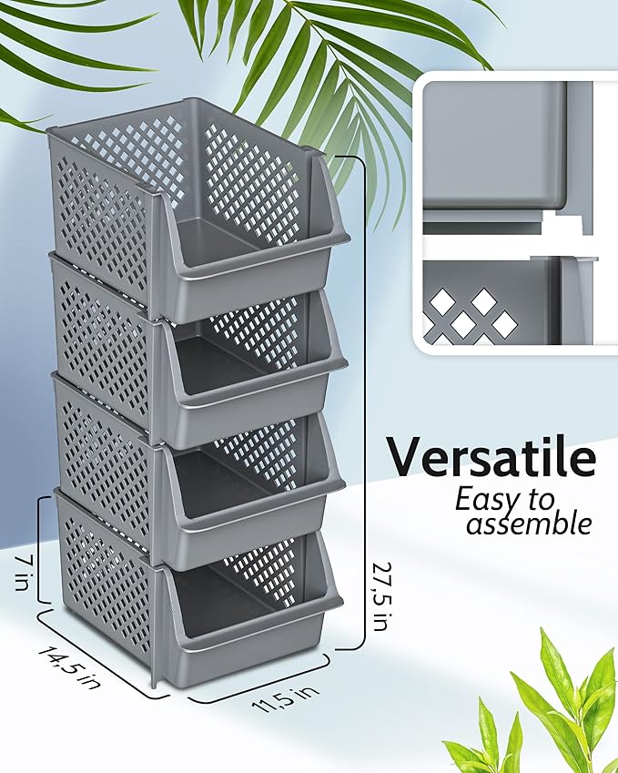 Skywin TidyFriend Stackable Storage Bins for Pantry, 4 Pack Stackable Bins For Organizing Food, Kitchen, and Bathroom Essentials (Grey)