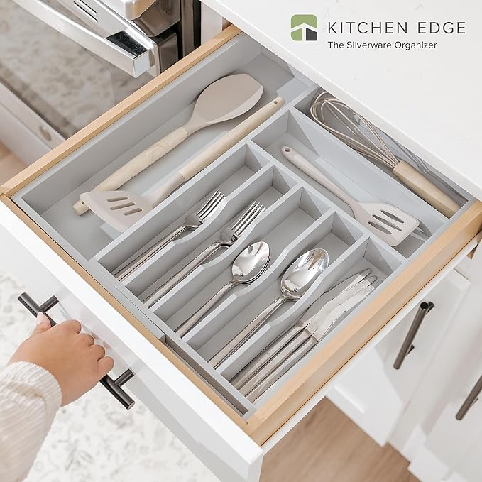Premium Silverware, Flatware and Utensil Organizer for Kitchen Drawers, Food-Safe Contract Grade, Expandable from 10.5 to 19 In, Gray Bamboo