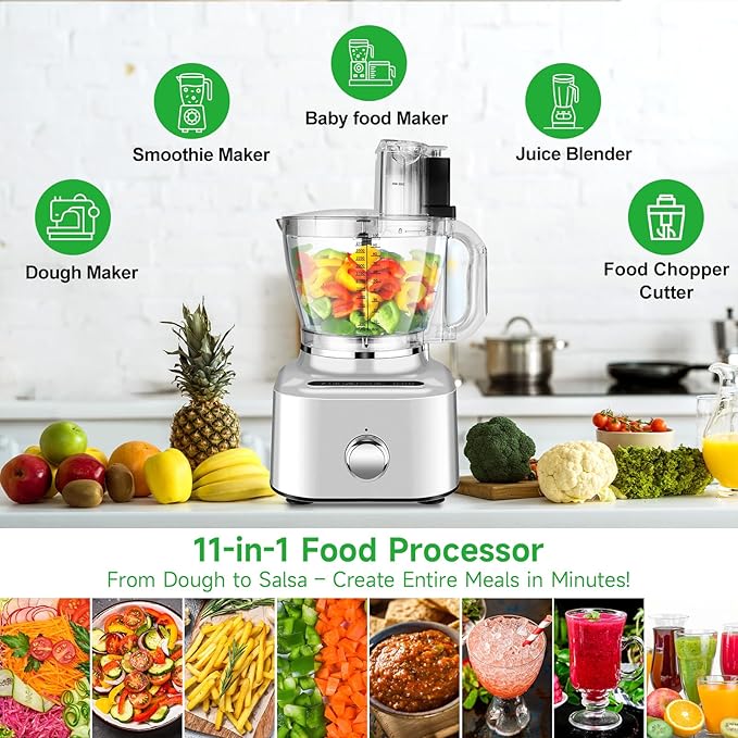 Homtone 16 Cup Food Processor, Large 11-in-1 Heavy Duty Food Processors and Blender Combo- 5 Preset Modes for Chopping,Shredding, Slicing, Kneading, Blending, Stepless Speed Control, 650W, Silver