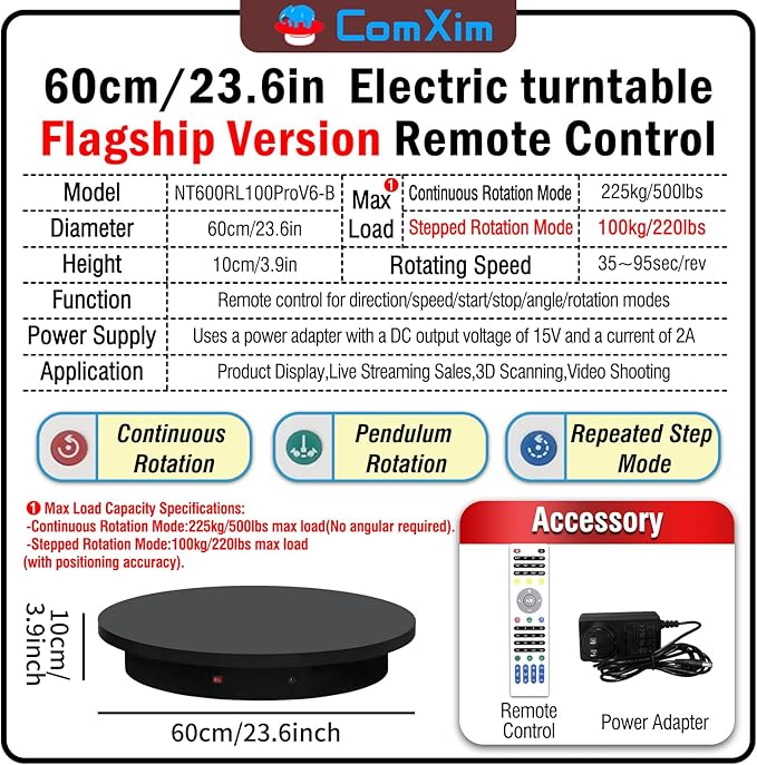 23.6In Remote Large Motorized electric turntable Rotating platform Photography Turntable Motorized lazy susan Base giratoria para for Photography,3D Scanner,Heavy duty display(Load Range:220~500lbs)