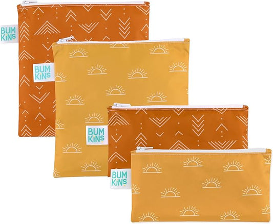 Bumkins - Cloth Snack & Sandwich Bags - For Storage, Travel, Food Prep, Lunch - Reusable, Water Resistant, Washable, Dishwasher Safe - Snack Bags for Kids - Zipper Closure - Desert Boho - 4 Pack