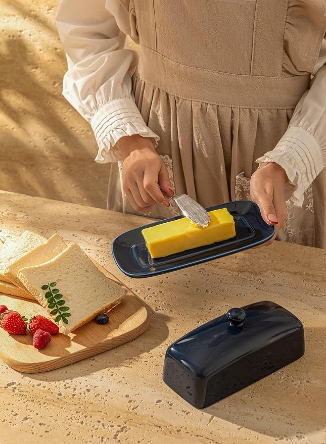 Sweese Butter Dish with Lid, Porcelain Butter Keeper, 7.8 Inch Butter Holder with Handle Cover, Butter Container Perfect for East West Coast Butter, Navy