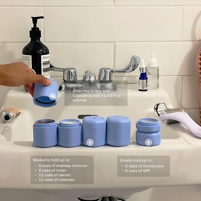 Cadence Travel Containers - Full Skincare Set - Magnetic Containers with Lids,Carry On Travel Essentials For Women/Men - 2 Small (0.56oz), 4 Medium Capsules (1.32oz), & Extender (1.43oz) - Pacific