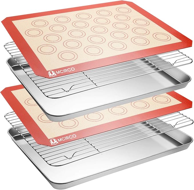 MCIRCO 6 Piece Stainless Steel Baking Sheet with Rack with Silicone Baking Mat Set (2 Pans + 2 Racks + 2 Mats), 17.3 x 13 x 1 Inch Cookie Sheet with Cooling Rack, Easy Clean