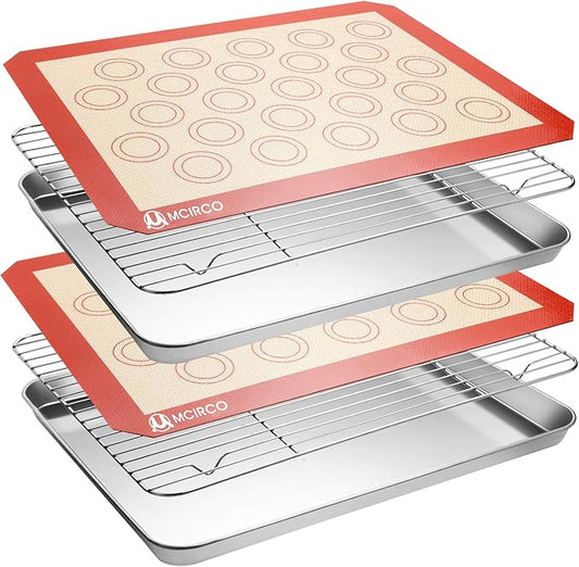 MCIRCO 6 Piece Stainless Steel Baking Sheet with Rack with Silicone Baking Mat Set (2 Pans + 2 Racks + 2 Mats), 17.3 x 13 x 1 Inch Cookie Sheet with Cooling Rack, Easy Clean